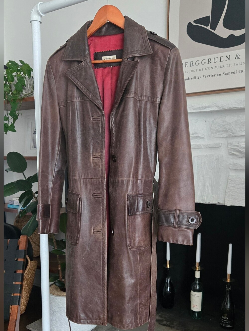 Vintage L'impasse 100% Leather Belted, 3/4 Length Coat Retail $150